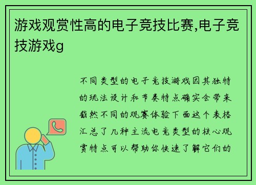 游戏观赏性高的电子竞技比赛,电子竞技游戏g